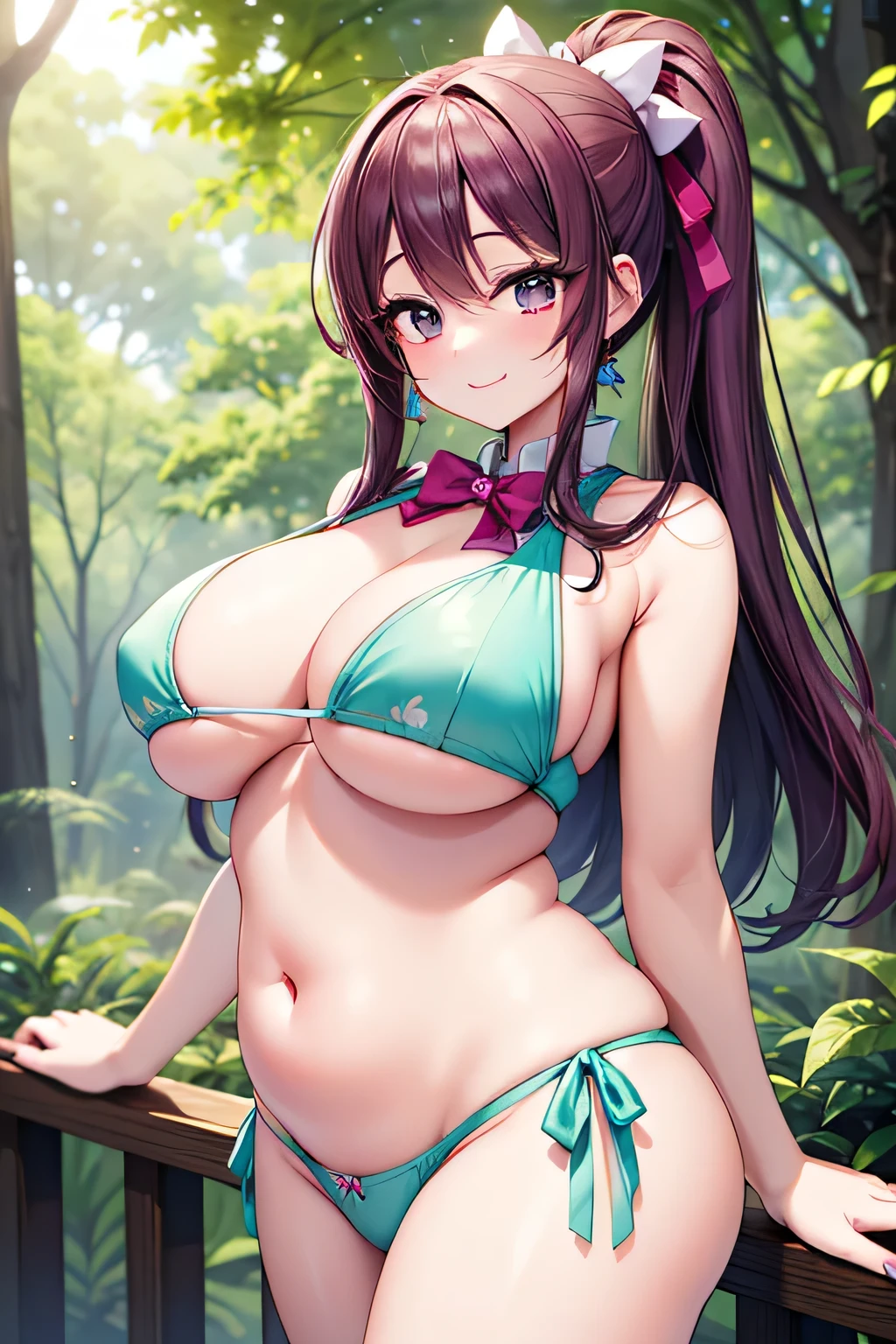 、High resolution、A busty with a plump figure shows off her charms with a smile at a mysterious temple in the forest.、Pretty Cure、Aoi Kanzaki、Magical Girl's Frilly Dress、Perfect proportions、Cowboy Shot、Fatty thick legs、Clear eyes