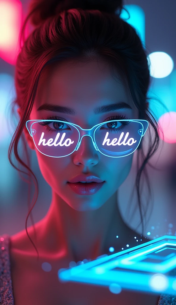 A beautiful woman with futuristic glasses that say "Hello" on each lens, beautiful detailed eyes, beautiful detailed lips, extremely detailed face, long eyelashes, elegant hairstyle, cyberpunk, neon city background, glowing holographic interface, cinematic lighting, vibrant colors, 8k, high quality, photorealistic