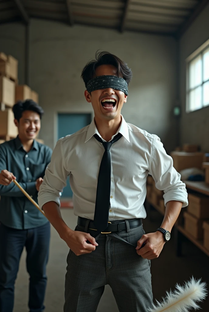 Malaysia malay handsome 22 years student 
He laugh very hard
His hand tied up  in warehouse 
Blindfolded
Hand handcuff
Casual Outfit Black Tie
feet on desk
feather duster on desk
shoes on desk 
Black sock
2 man holding feather  duster 
