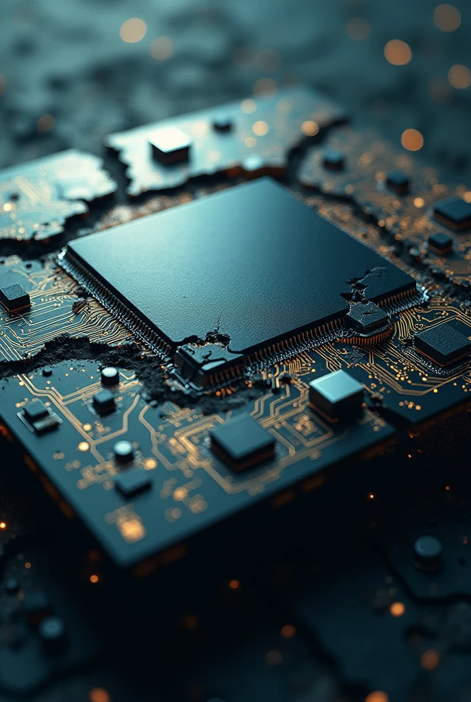 Realistic close-up of a large semiconductor, intricate circuit patterns on the surface, cracks and fractures, crumbling pieces, symbolizing downfall, detailed, dramatic