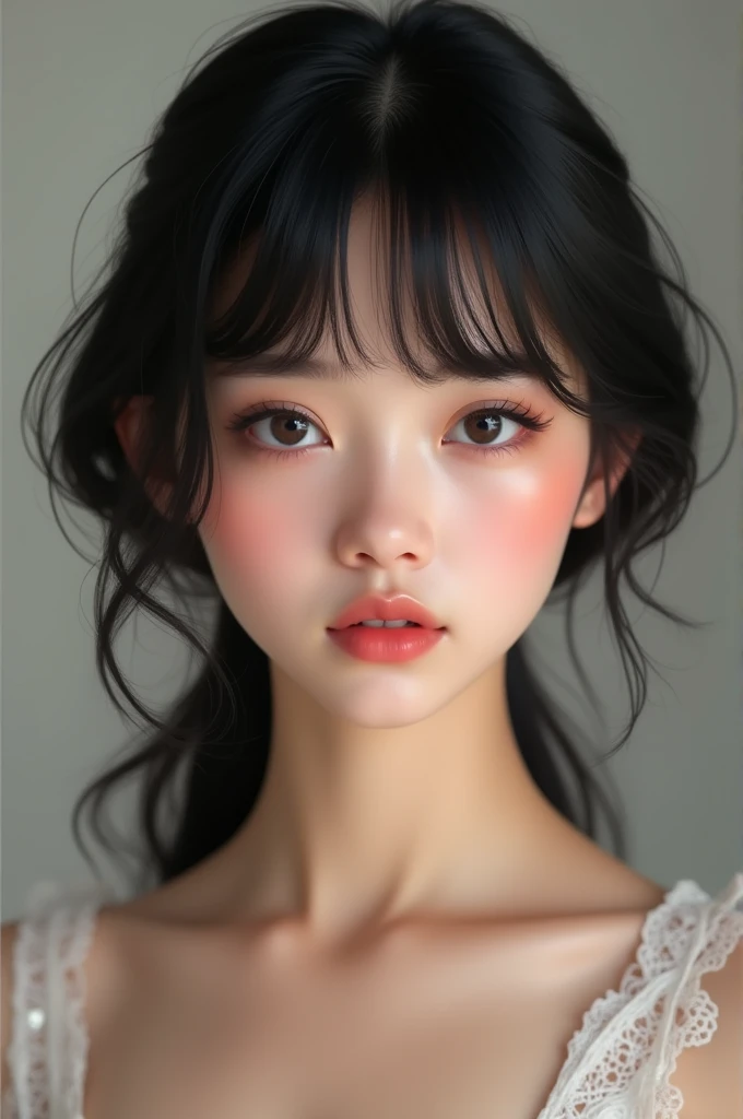 Curated model with realistic skin and black hair with bangs on the forehead