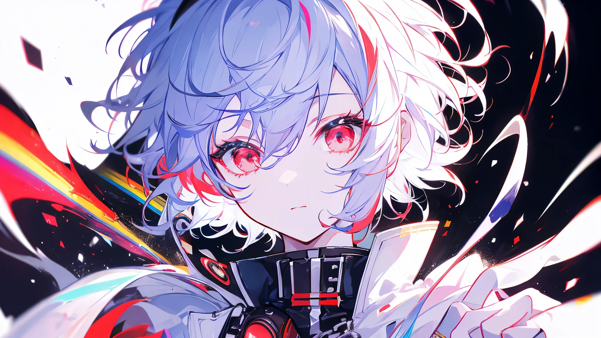 alone, good looking, 1 male, short hair, Rainbow Hair, Red eyes, White coat, White gloves