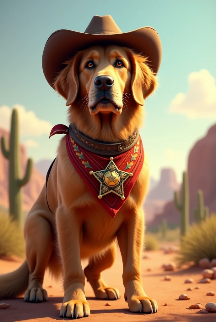 A golden retriever dressed as a cowboy with a bandana around its neck and a sheriff&#39;s badge in profile 