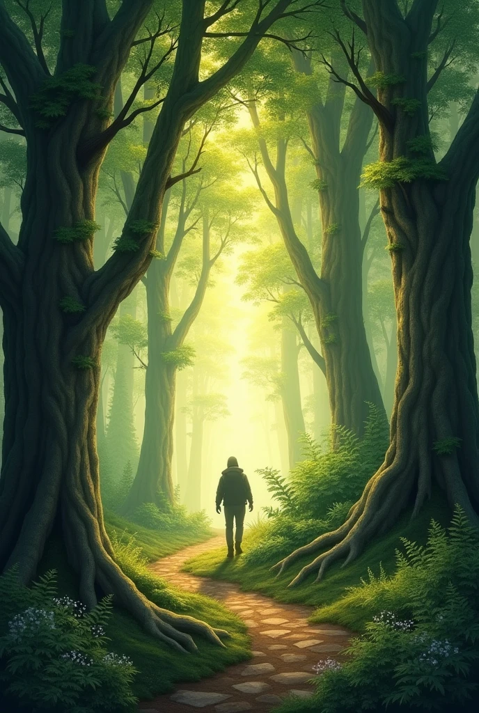 A hidden path in the forest, with sun rays filtering through the trees