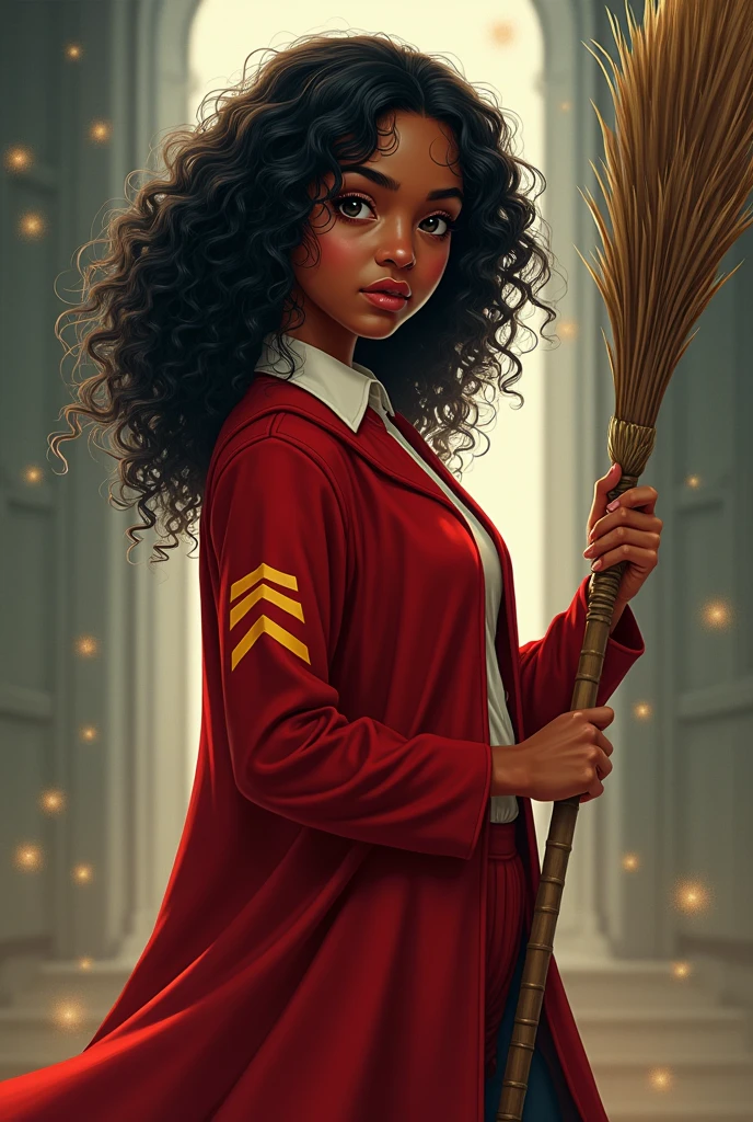 Angelina Johnson from the Harry Potter universe. Black-haired dark-skinned girl with curly hair, red uniform, 20 years, with a broom in her hand, captain of the gryffindor Quidditch team