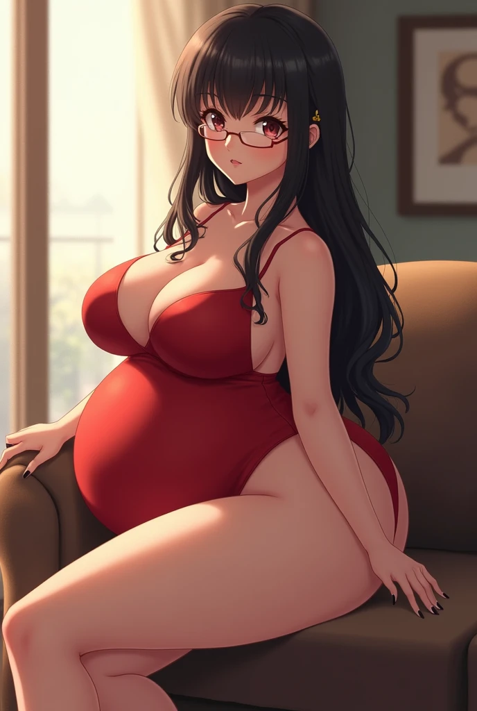 she looked beautiful and charming in her red one-piece clinging tightly to her voluptuous body. She has bog boobs and large ass. Flat Glasses were resting on her nose. With every moment her boobs jiggled, and her ass tick-tocked. The glasses on her nose tip made her look even more pristine. She in living room sitting in sofa. Her neck was long and so were her legs, she wore black high heels with her back arching forward, it gave more curve to her voluminous buttocks. Anime milf mature vibe.