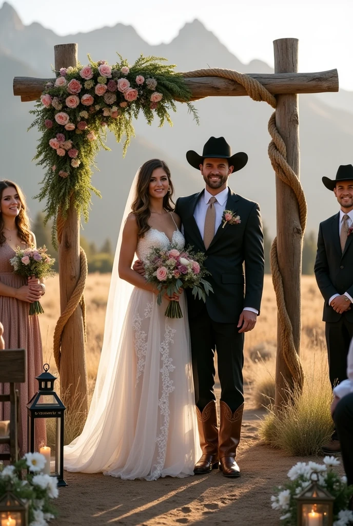 a wedding ceremony with a western theme, inspired by the series Yellowstone but strays a bit from the theme