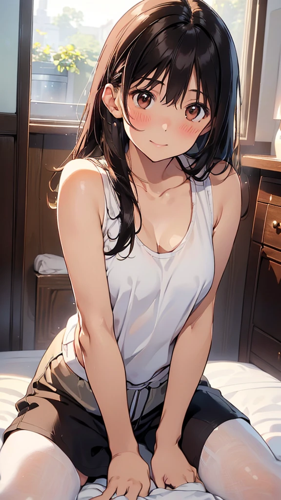 Highest quality、High resolution、High resolution、High resolution、((Relax in your room、Sit on the bed))、(Noel Anderson、Long Hair、Mid-chest、Brown Hair、Brown eyes、Glossy Lips、Glowing Skin、Realistic skin texture、(White tank top、Shorts))、love me、(blush、Look at me)、(Very close)