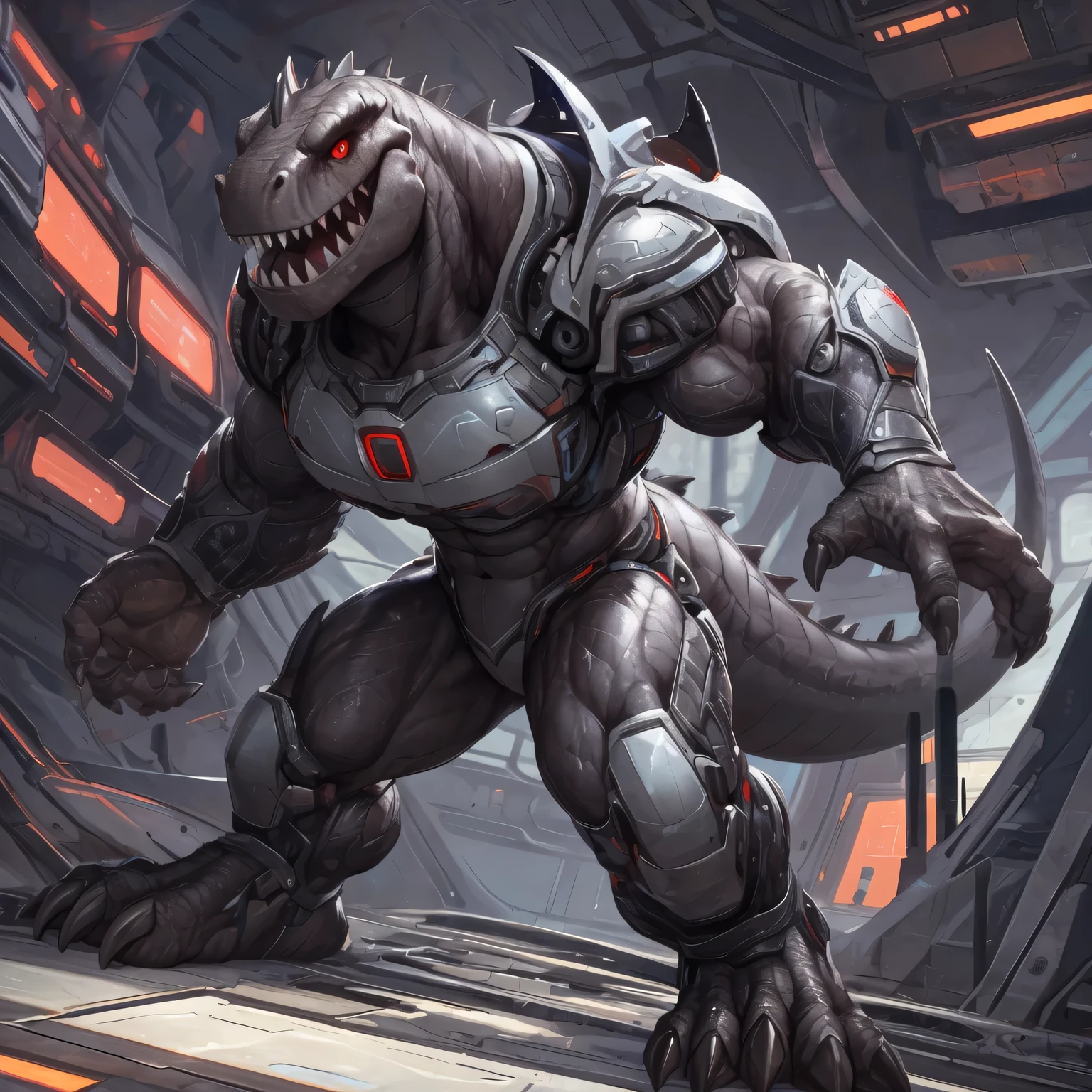 solo, anthro, male, ultra details, T-Rex, ((ultra detailed muscles)), (T-Rex print), black scales, white belly, black short spiny scales, standing up, black claws, red eyes, slit eyes, slim fit, muscular slim, menacing, sexy, handsome, ultra detailed slit eyes, pecs, hind leg, tail, looking at viewer, (Masterpiece, by null-ghost, ultra hi-res, 8k), futuristic armor, military base.