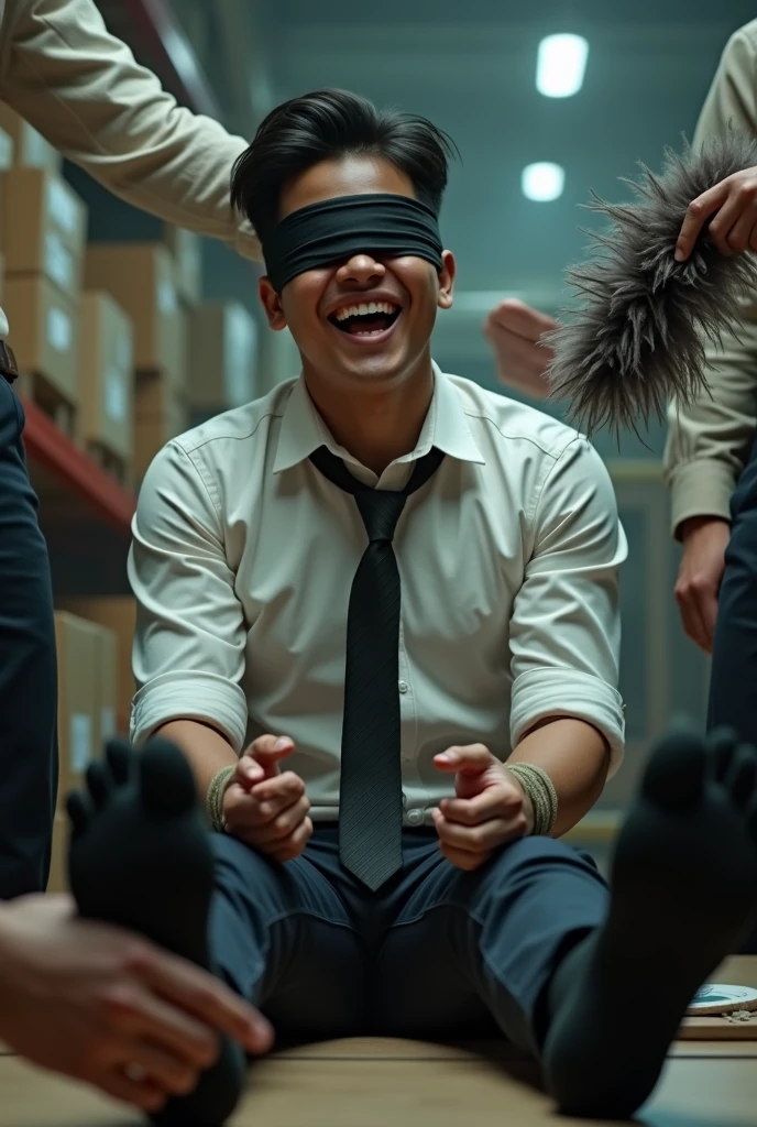 Malaysia malay handsome 22 years student
He laugh very hard
His hand tied up in warehouse
Blindfolded
Hand handcuff
Casual Outfit Black Tie
feet on desk
feather duster on desk
shoes on desk
Black sock
2 man holding feather duster