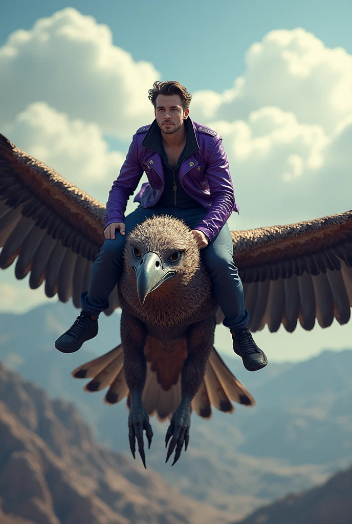 Man riding a large bird wearing a purple leather jacket