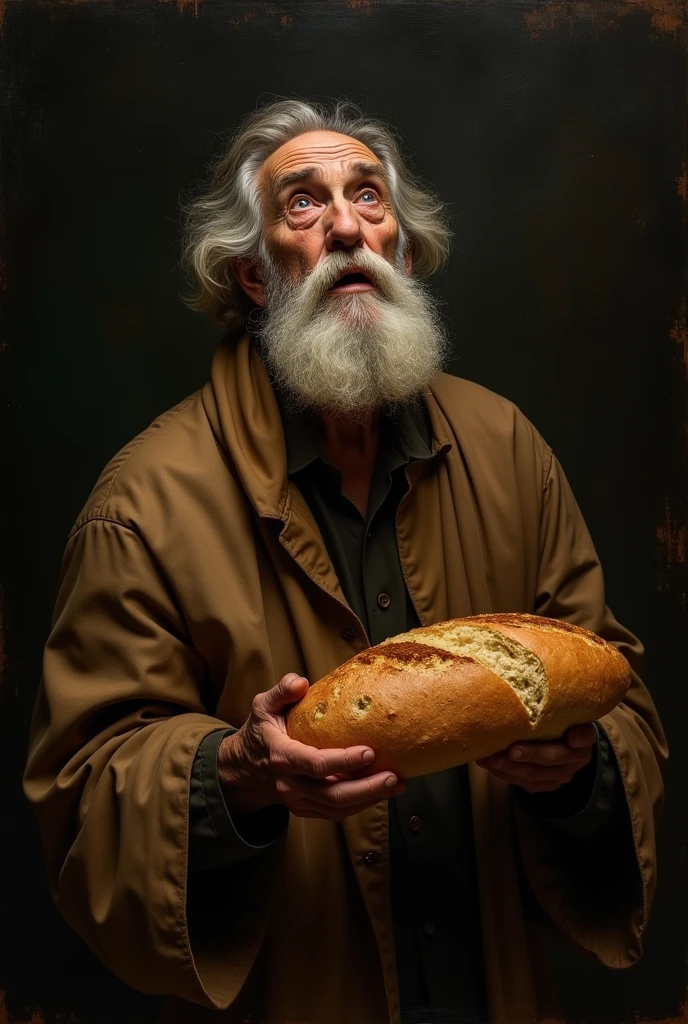 masterpiece, Renaissance, Baroque style, high contrast, black dark background, tenebrismo, Caravaggio style, warm tones, Old man, with a big beard,looking at the sky, with a loaf of bread in his hands, a lot of detail, old painting, Awesome, old clothes in Rembrandt painting style, shocking look,