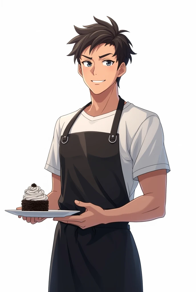 Man in black apron holding plate with Oreo cream Anime White background