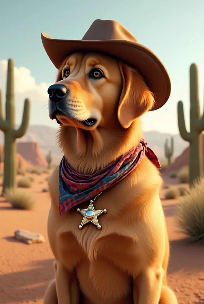 A golden retriever dressed as a cowboy with a bandana around its neck and a sheriff's badge in profile