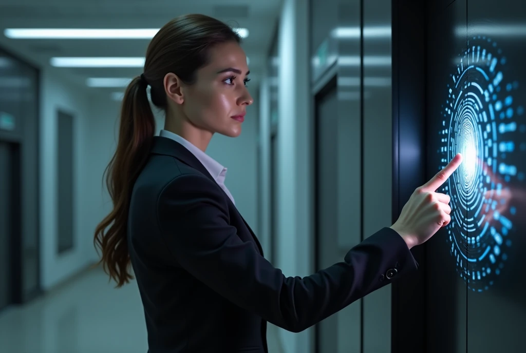 a woman putting her fingerprint to access a room