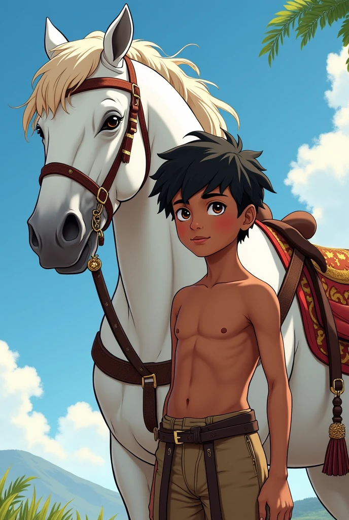 Ilustration beautiful boy black skin, short hair, no shirt, only pant, in century 18, beside white horse , style like anime japanese cartoon