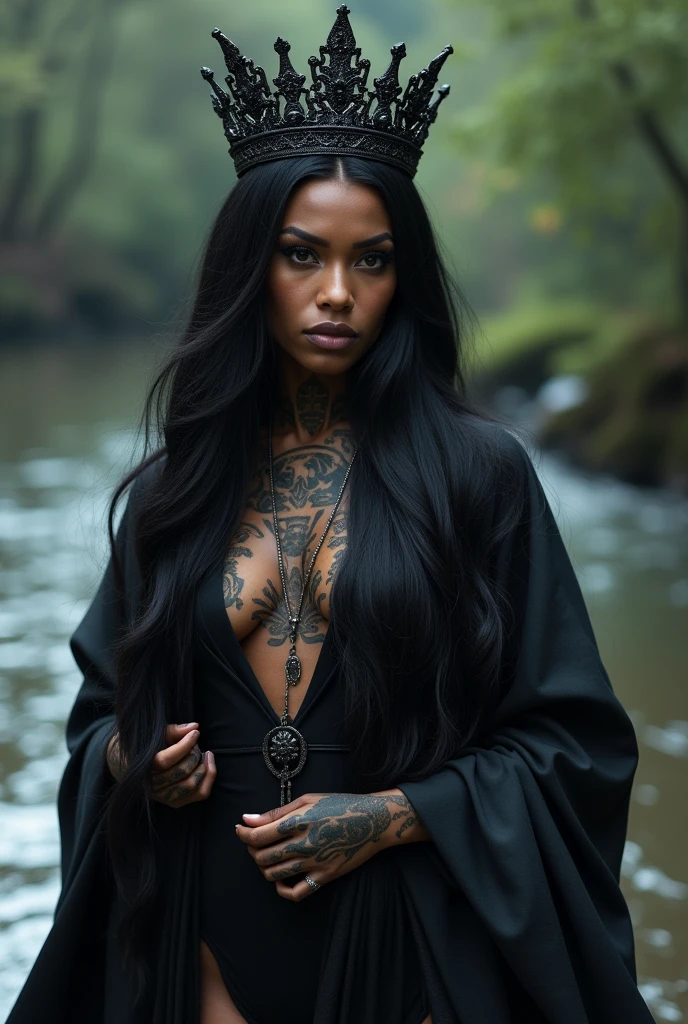 Black woman. Mermaid on land. Brown skin. Black tattoos on face and body. Long flowing black hair. Black crown. Black Chinese style robes. Ultra high quality