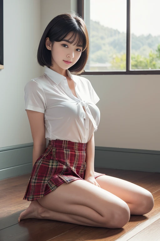 8k, RAW Photos, Highest quality, masterpiece:1.2), masterpiece, Highest quality, shape, Very detailed, The finer details, High resolution, 8k,wallpaper, Perfect dynamic composition,(High quality with attention to detail, Realistic depiction of eyes:1.3)、Hands tied、A woman tied up、Put your arms around my back, Tie your hands behind your back, Sitting with my feet together on the floor of a bright gym、Stand in front of each other with knees bent、with legs wide open,、Tartan Check Pleated Skirt、whole body、White panties are visible、The whole thing faces forward、２１talent、beauty、Well-formed face、Even out the eyes、Beautiful black hair、Bangedium Build、Balanced proportions、Beautiful feet、Short sleeve blouse、Fresh face、Beautiful views、smile、Big Tits 1.4