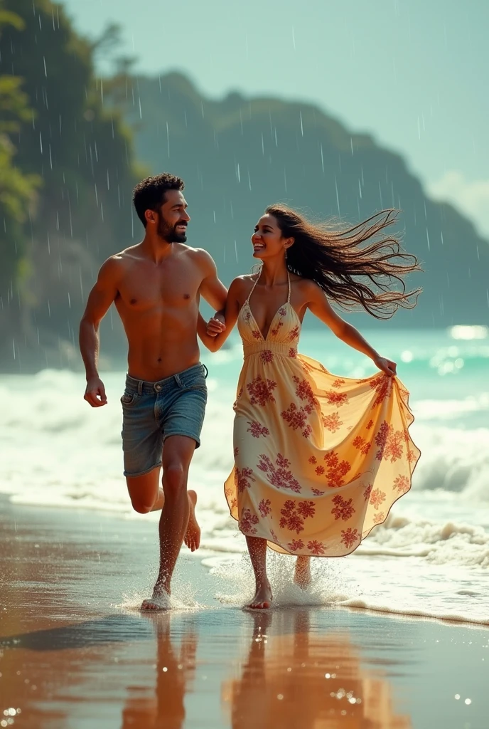 a Brazilian couple on a beach in the rain, he running from the rain and laughing in front of her and she coming behind him holding her long flowery dress. She has fair skin and long, straight, curly hair and he has short, black hair parted to the side.