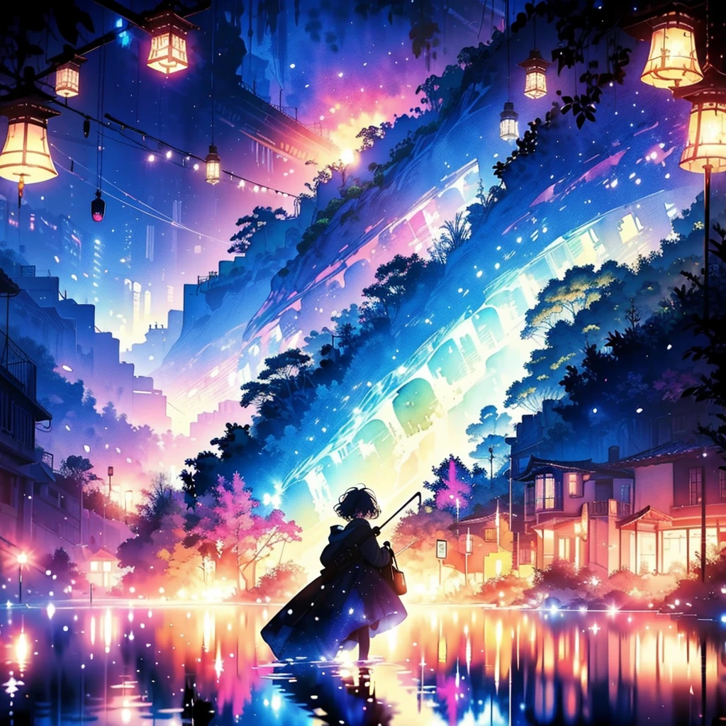 (watercolor style, Spectral Art) + majestoso rio com Overlooking para o panorama + Fantasy Bag (Overlooking) + (Flowing + Subtle reflection) + (mix + sneeze) + (Clear light and shadow + Dynamic Swing)