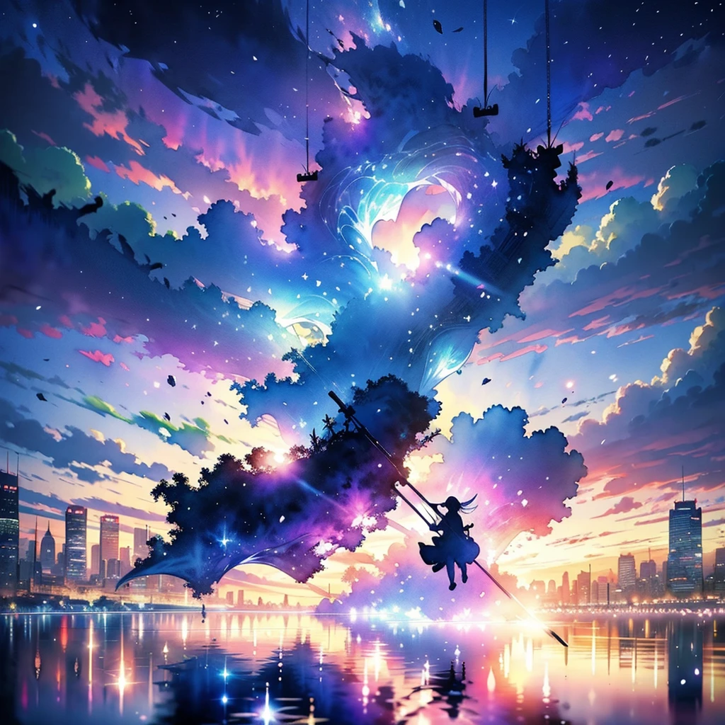(watercolor style, Spectral Art) + majestoso rio com Overlooking para o panorama + Fantasy Bag (Overlooking) + (Flowing + Subtle reflection) + (mix + sneeze) + (Clear light and shadow + Dynamic Swing)