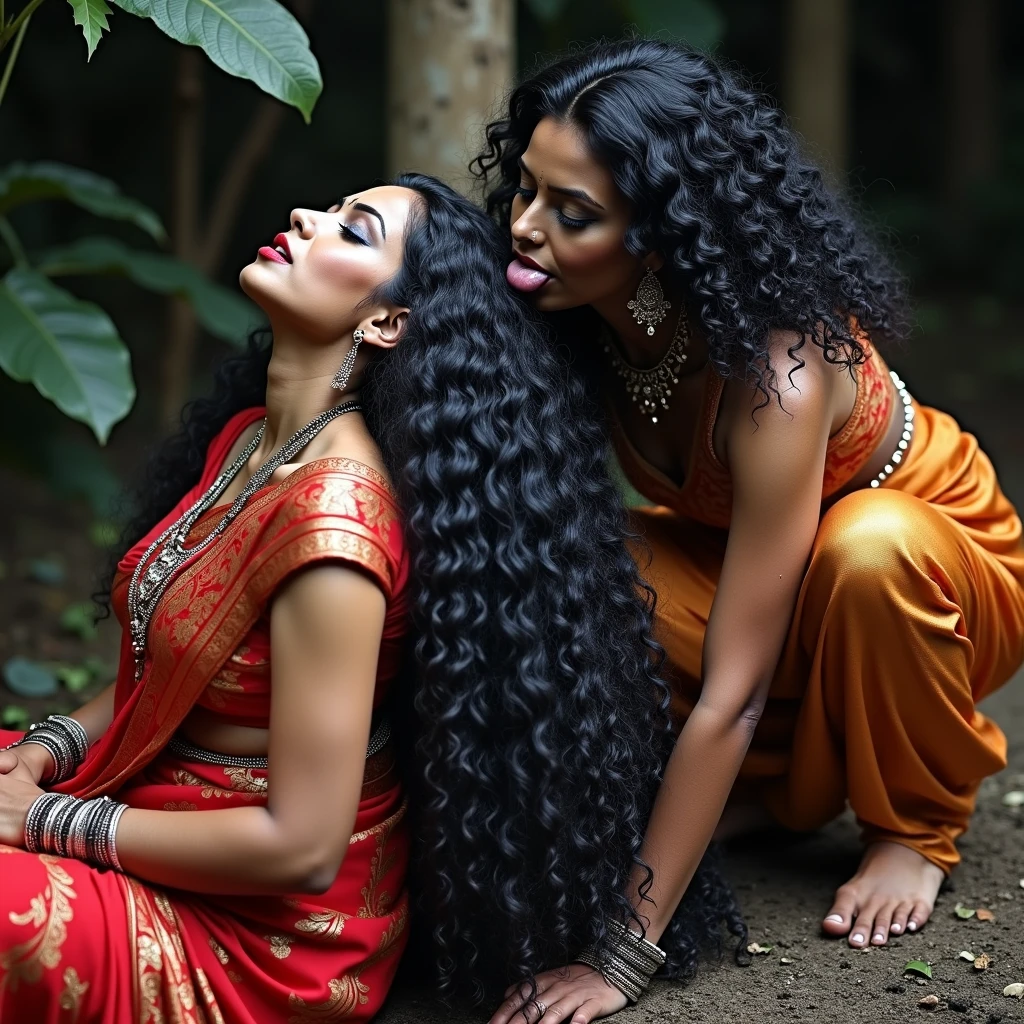 (Best Quality),(High resolution),(8k),(Masterpiece),indian kali temple,two mature ladies in sarees,stand out against the dark, mystical backdrop. Their unnaturally black, extreme coiled 3C curly hair, reminiscent of coiled springs, draws the eye with its inexplicable sheen and volume. Each strand seems to have been meticulously crafted by an unseen hand, coiled and coiled a million times over until it reaches a state of surreal perfection. The hair appears to have been showered with an unimaginable amount of oil, so much so that it resembles wet pulp, saturated and absorbing the light around them.kneeled,bend over and hands on the ground,one lady kissing head scalp from behind keeping tongue out((show me squat pose lady' tongue out,long tongue:1.0)),((perfect color grading))