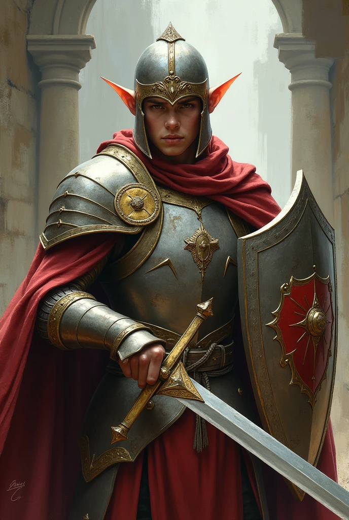 a holy looking youthful male half elf paladin (Dungeons & Dragons), holding a sword and shield, wearing a helmet