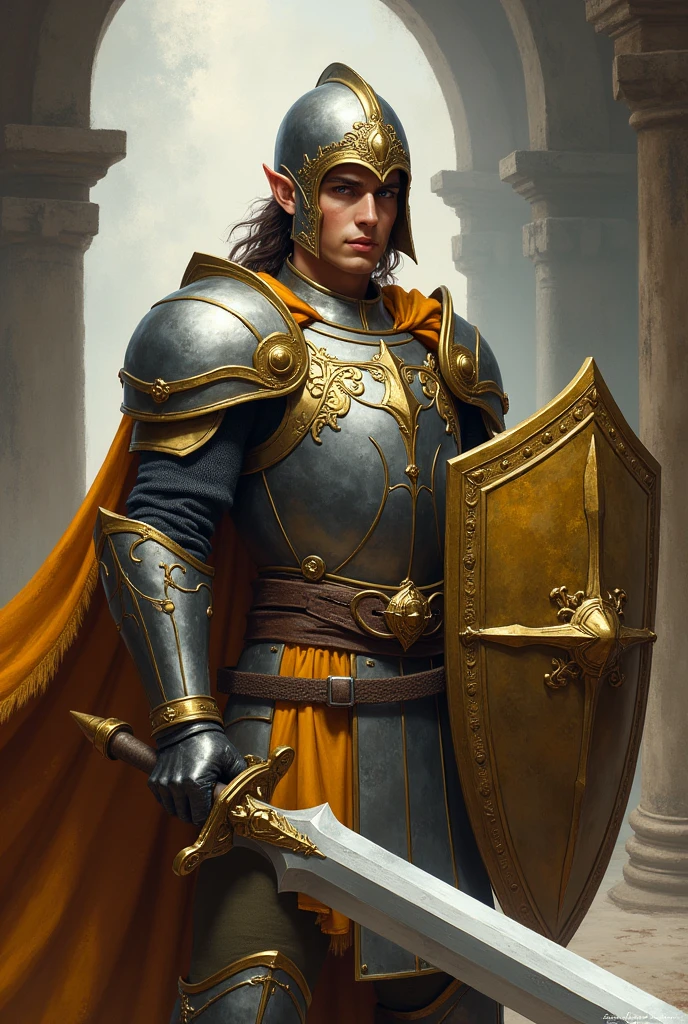 a holy looking youthful male half elf paladin (Dungeons & Dragons), holding a sword and shield, wearing a helmet