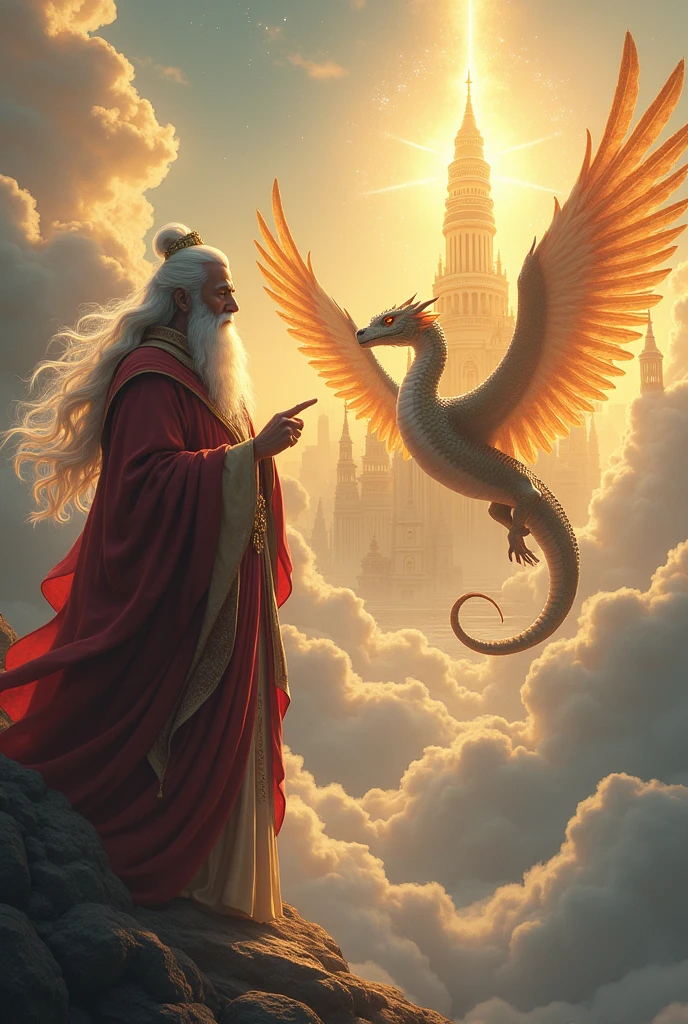 a place in the sky with clouds and where you can see a golden kingdom where there is an old wise man and a flying snake with horizontal wings

