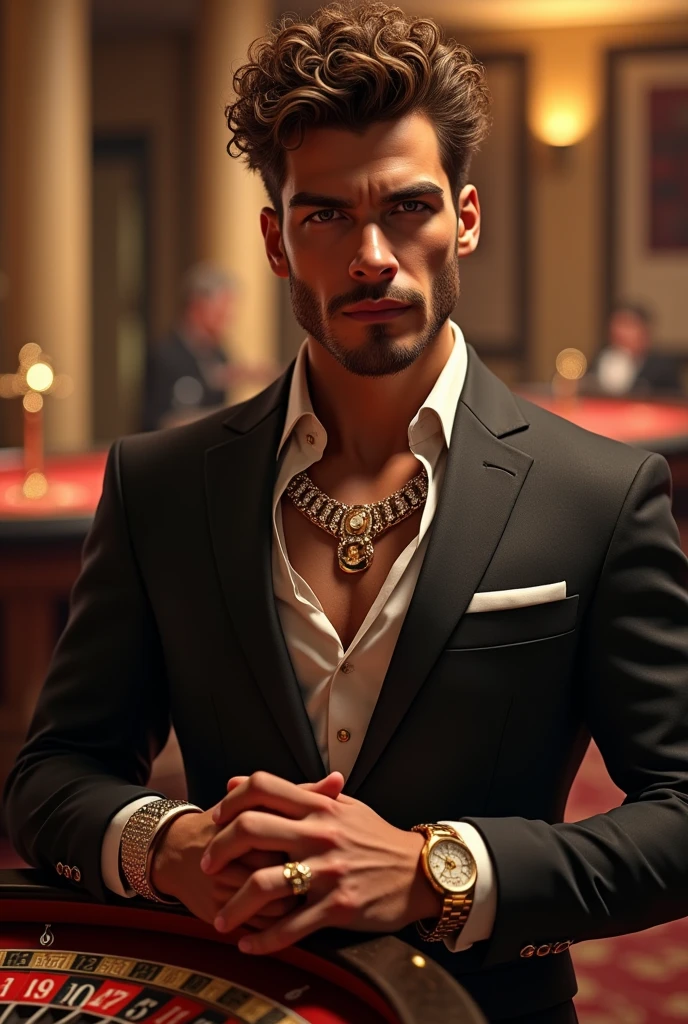 A strong light brown man with Brazilian curly hair, well dressed with lots of gold online casino player,with an image of a casino roulette wheel in the background