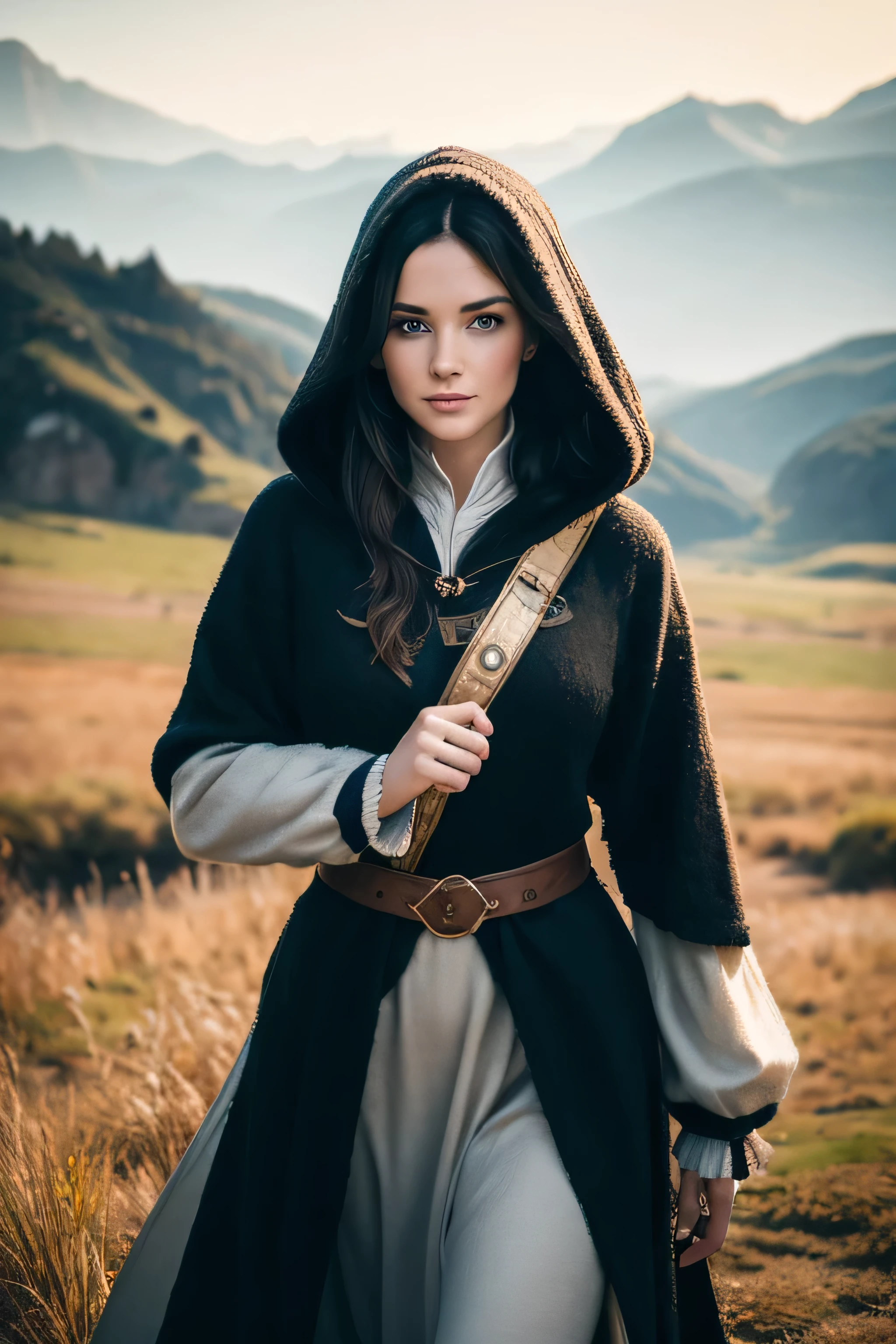 1 medival woman, longer black hair, bright blue eyes, age 25, wearing gambeson with a hood, woman looks at viewer, open field background, absurdres, high res, ultrasharp, 8K, masterpiece, the image should be of absurd resolution and high detail. It should be ultra-sharp and available in 8K resolution, representing a masterpiece in image quality.
