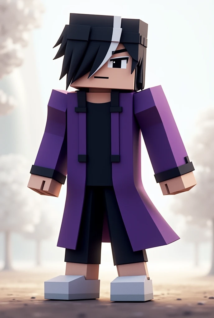 a  male character with black hair and a white stripe on his forehead and hair with a purple coat and black knee-length pants with white shoes like slippers and eyes with black pupils and half-wide eyes, minecraft, white edges  closer to the belly up