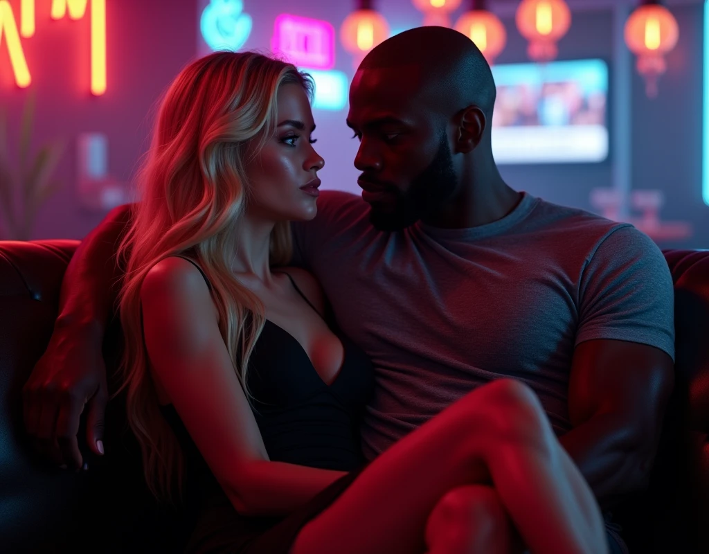 (Photorealsitic:1.4), (masterpiece:1.3), (top-quality:1.4), ((ultrarealistic)), HD 8k,  (Sharp focus: 1.2), (Focus on the face:1.4), 
well proportioned full body of 
Claire ((shy innocent and little 24 years woman) and 
Tyron ((big over muscular ) and dominant black man 30 years ), much taller than Claire,
Claire with bright expression, (extremely beautiful: 1.2), amazing beautiful, extraordinary beautiful, Detailed cute femenine and beautiful face, Detailed facial features ,Perfect Style, Beautiful Face, Anatomically correct, Highly detailed face and skin texture,  Natural Cheeks, subttle Glowing white skin, Fair skin: 1.3, (Glossy Lips: 1.4), Attractive light and dark platinum blonde short straight silky hainer hair, Attractive glowing beautiful bright clear light blue big naive eyes, double eyelids, fine little sensual nose, femenine little mouth with big full red pucky lips, thin chin,  freckles, narrow long neck, femenine narrow shoulders, detailed eyes and face, long eyelashes, elegant lady, subtle makeup, extremely  beautyful tonned  legs, extremely nice perky ass, narrow waist, defined and tonned belly. sexy hips,, full Lush bust, 
Tyron is a dangerous man, handsome and extremely masculine, (strong and muscular legs chest and arms), wide shoulders, powerful jaw, (black bald man), (without beard: 1.1), 
(cozy night dance club ), [background], 
alternative vibe,vibrant lighting, high contrast,dramatic shadows,highly detailed,detailed skin,depth of field,dynamic angle, 
Claire is wearing a ((knee length) black elegant dress) matching detailed hig heels, 
Tyron is wearing a gray lycra tight t-shirt showing his muscles,
(Claire and Tyron sitting in a couch in dance club, (Tyron one arm cross Claire back holding her waist and other hand touching her thigh), Claire looking at viewer with closed eyes and Tyron looking her legs: 1.2), extremely intimate pose, 
full body view, desire look, (complete full body view: 1.0)