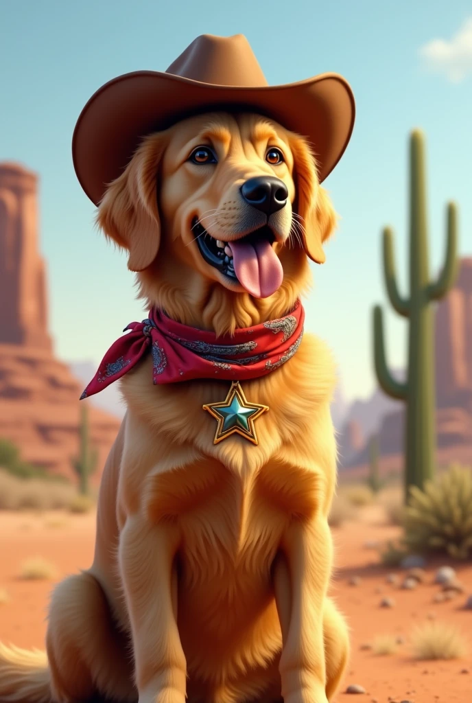 A golden retriever dressed as a cowboy with a bandana around its neck and a sheriff&#39;s badge in profile 