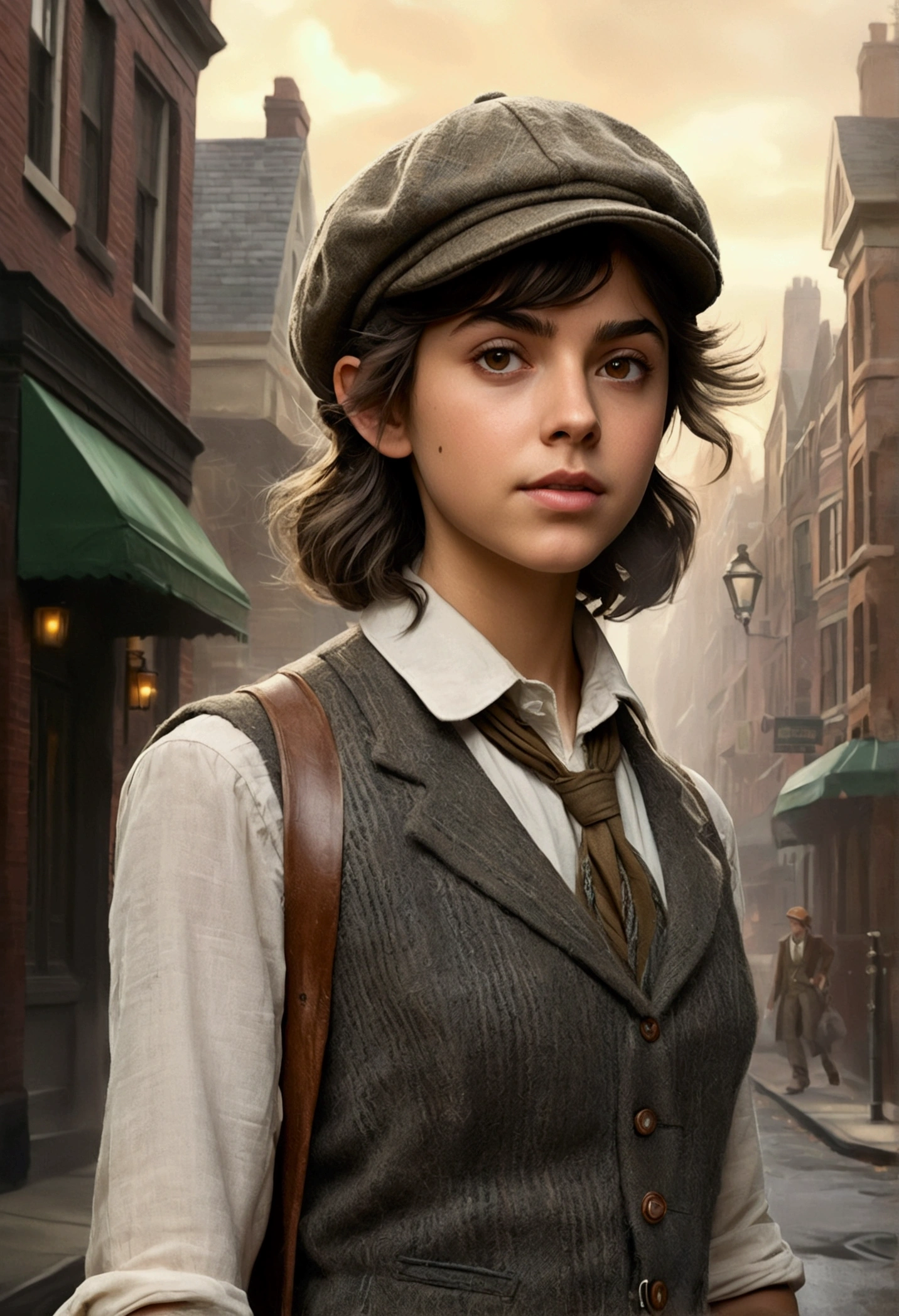 An illustrated movie poster, hand-drawn, full color, a teenage elven girl, wearing a tweed vest and a newsie cap, athletic hourglass figure, long pointy elf ears, dark hair, messy shaggy bob cut, deep sun-tanned skintone, resembles Ana De Armas, standing on a foggy victorian-era street corner, graphite shading, stencil marks, airbrushed acrylic paint, masterpiece, in the style of the Sherlock Holmes, elf ears