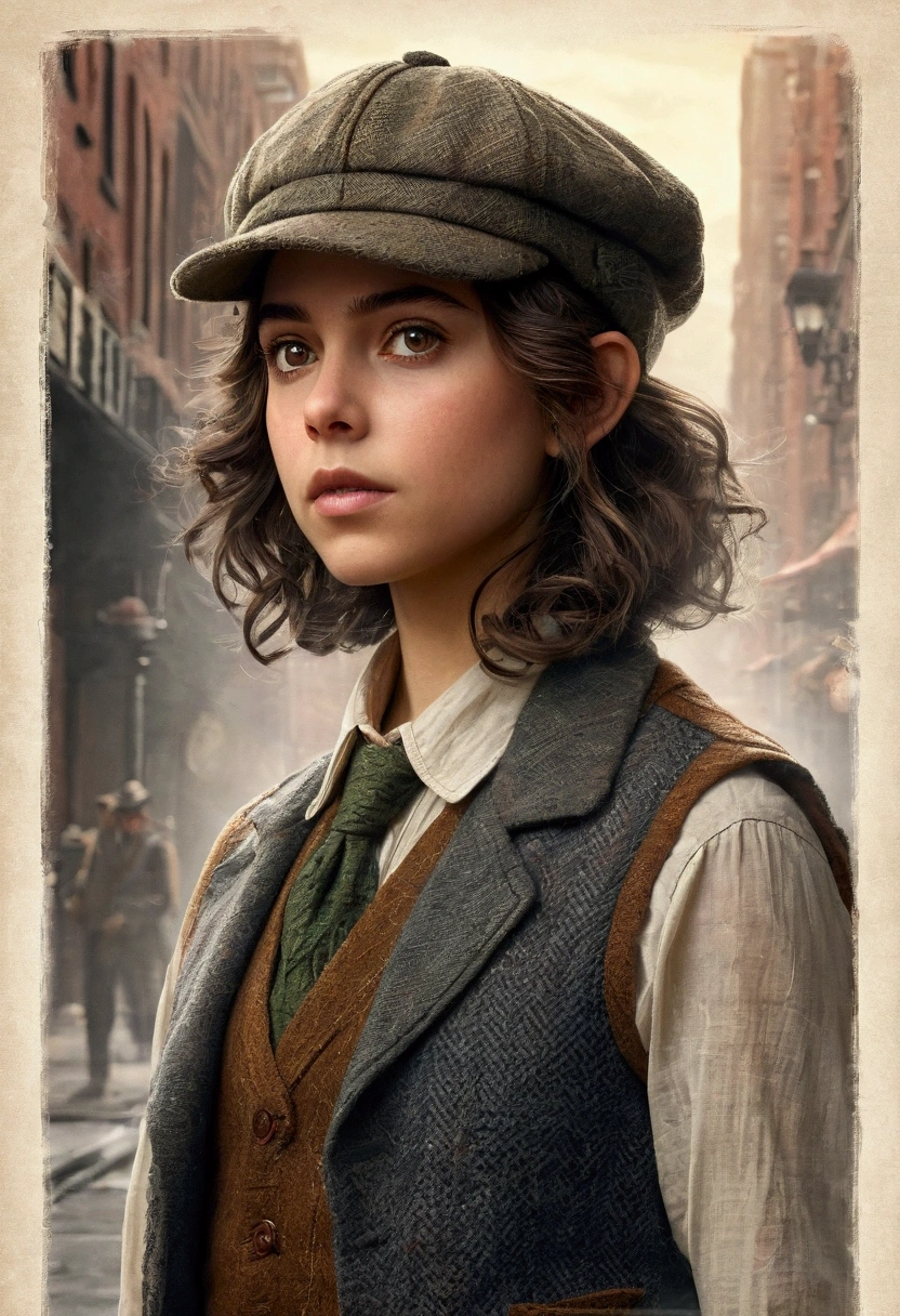 An illustrated movie poster, hand-drawn, full color, a teenage elven girl, wearing a tweed vest and a newsie cap, athletic hourglass figure, long pointy elf ears, dark hair, messy shaggy bob cut, deep sun-tanned skintone, resembles Ana De Armas, standing on a foggy victorian-era street corner, graphite shading, stencil marks, airbrushed acrylic paint, masterpiece, in the style of the Sherlock Holmes, elf ears