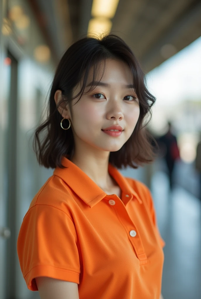 realistic photos of (1 cute Korean star) flipped hair, thin makeup, medium breasts size, orange polo shirt, at the train station, clear facial features of Canon EOS, 16k, high resolution, sharp and realistic details,  overexposure, cut-in, UHD, highres, best quality