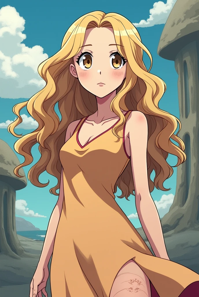 Make a comic panel image of the anime and manga of Dr.. Stone. A girl with long curly hair, Caucasian skin, lightbrown eyes, she was wearing a pastel brown dress like Tinker Bell&#39;s, tinkerbell. He had a scar on his hip.