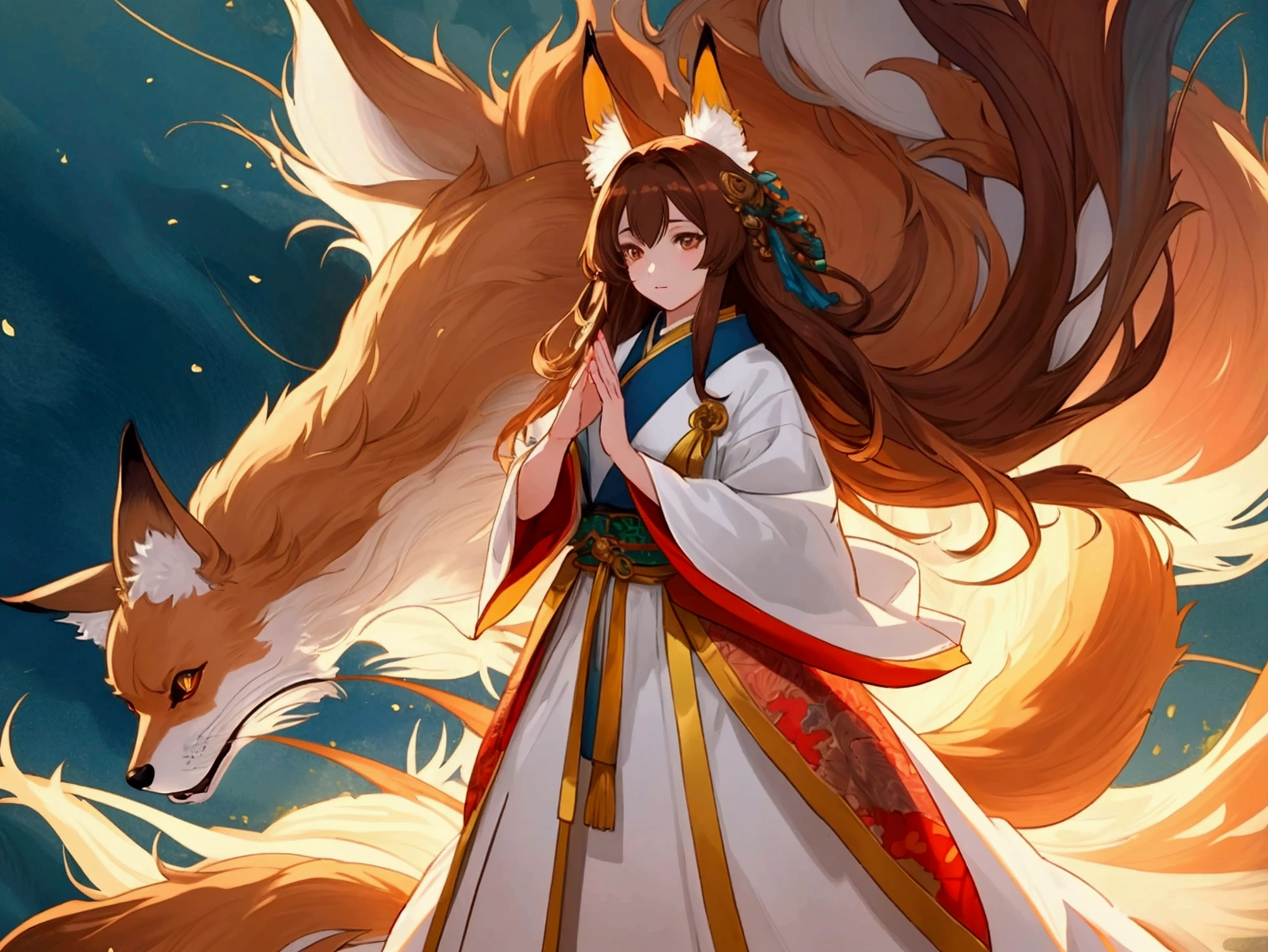 Best quality, 8K, HDR, soft lighting, picture perfect, realistic, vibrant, fox girl with brown hair, kitsune, beautiful female kitsune, digital anime illustration, beautiful illustration, beautiful digital artwork, exquisite digital illustration, realistic digital anime art, realistic anime style digital art, ultra high quality fantasy art, final fantasy, masterpiece, ultra high quality female character design, wallpaper illustrations of the highest quality, complex ultra high quality accurate faces of female characters, high quality design and accurate physics, ultra high quality fantasy style, dark fantasy Style, masterpieces, super high quality characters, anime resolution - 8K, realistic anime art, highest quality wallpaper illustration, ultra-high facial detail, quality design and physics accuracy, by color, depth of field, shadows, ray tracing, high quality and 8K resolution computer wallpaper production, accurate simulation of the interaction of light and materials, Highly detailed hair, More about beautiful and shiny brown hair, Beautifully detailed hands perfect fingers, Beautiful nails, perfect ???????, perfect proportions, Full-length, Perfect color combination, Accurate imitation of the interaction of light and material, art that conveys the meaning of the story, full body picture.
