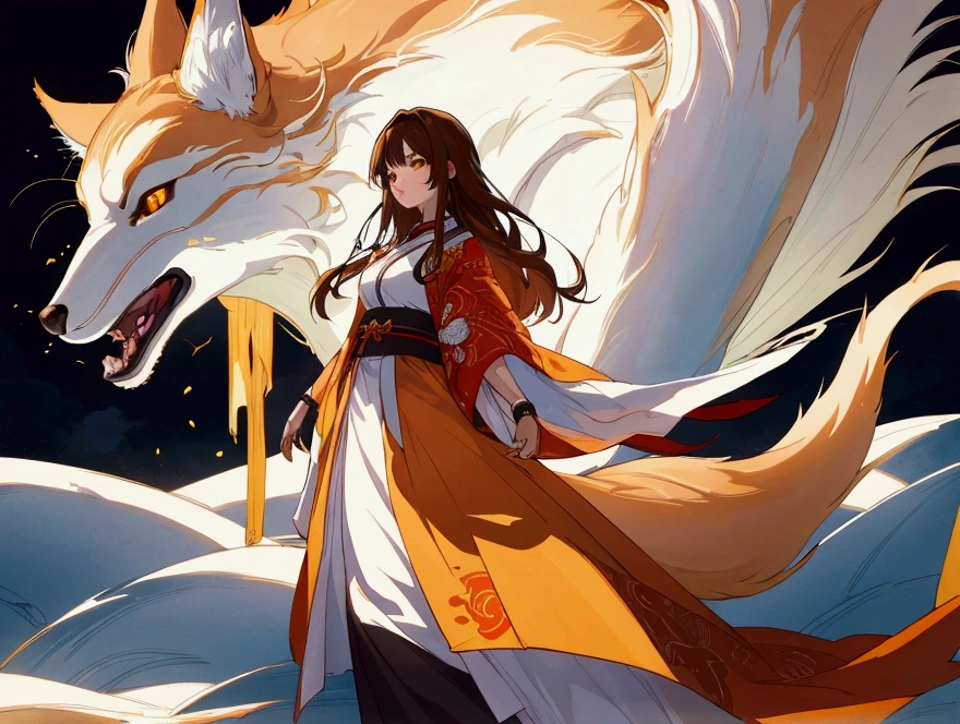 Best quality, 8K, HDR, soft lighting, picture perfect, realistic, vibrant, fox girl with brown hair, kitsune, beautiful female kitsune, digital anime illustration, beautiful illustration, beautiful digital artwork, exquisite digital illustration, realistic digital anime art, realistic anime style digital art, ultra high quality fantasy art, final fantasy, masterpiece, ultra high quality female character design, wallpaper illustrations of the highest quality, complex ultra high quality accurate faces of female characters, high quality design and accurate physics, ultra high quality fantasy style, dark fantasy Style, masterpieces, super high quality characters, anime resolution - 8K, realistic anime art, highest quality wallpaper illustration, ultra-high facial detail, quality design and physics accuracy, by color, depth of field, shadows, ray tracing, high quality and 8K resolution computer wallpaper production, accurate simulation of the interaction of light and materials, Highly detailed hair, More about beautiful and shiny brown hair, Beautifully detailed hands perfect fingers, Beautiful nails, perfect anatomy, perfect proportions, Full-length, Perfect color combination, Accurate imitation of the interaction of light and material, art that conveys the meaning of the story, full body picture.