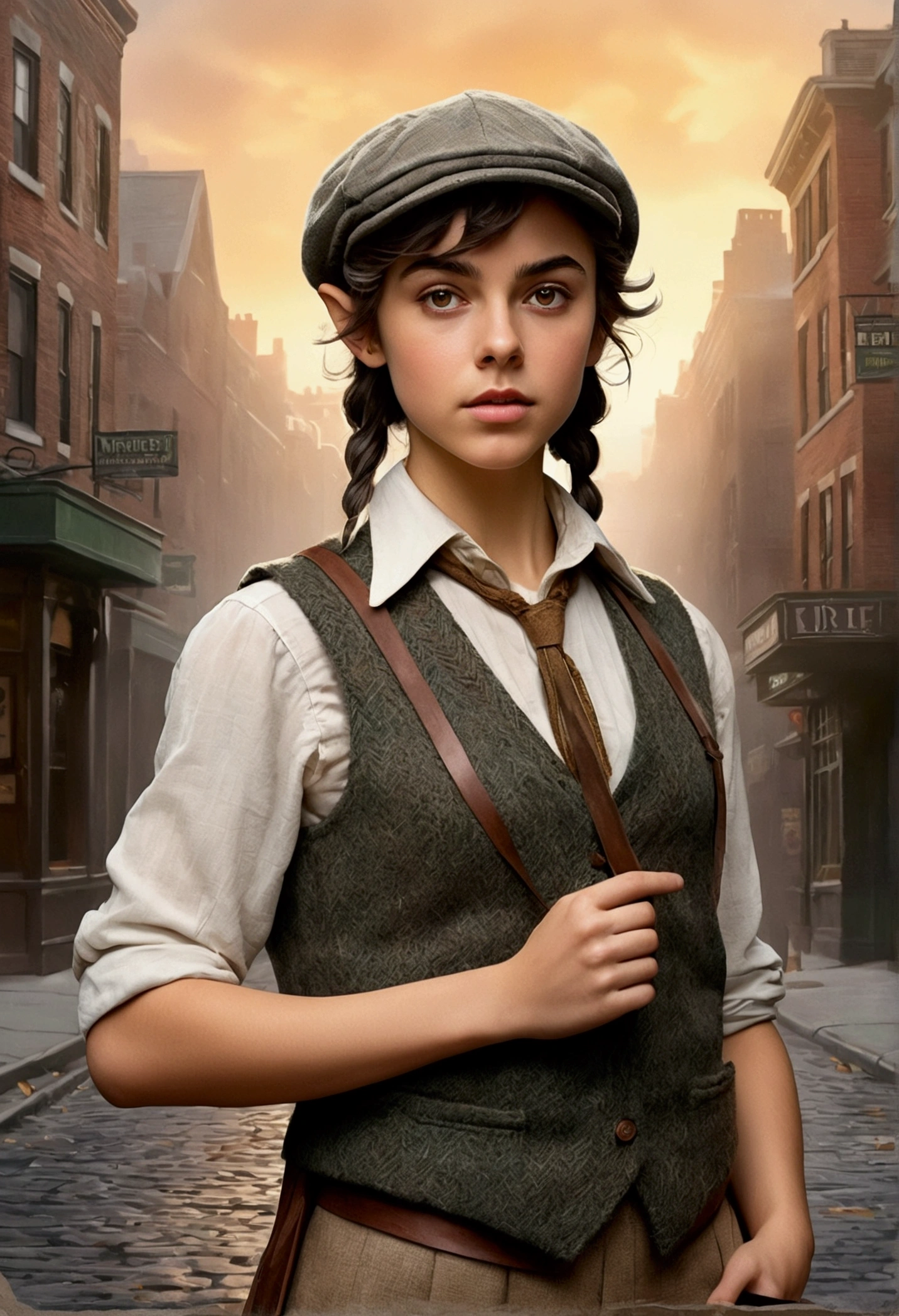 An illustrated movie poster, hand-drawn, full color, a teenage elven girl, wearing a tweed vest and a newsie cap, athletic hourglass figure, long pointy elf ears, dark hair, messy shaggy bob cut, deep sun-tanned skintone, resembles Ana De Armas, standing on a foggy victorian-era street corner, graphite shading, stencil marks, airbrushed acrylic paint, masterpiece, in the style of the Sherlock Holmes, elf ears