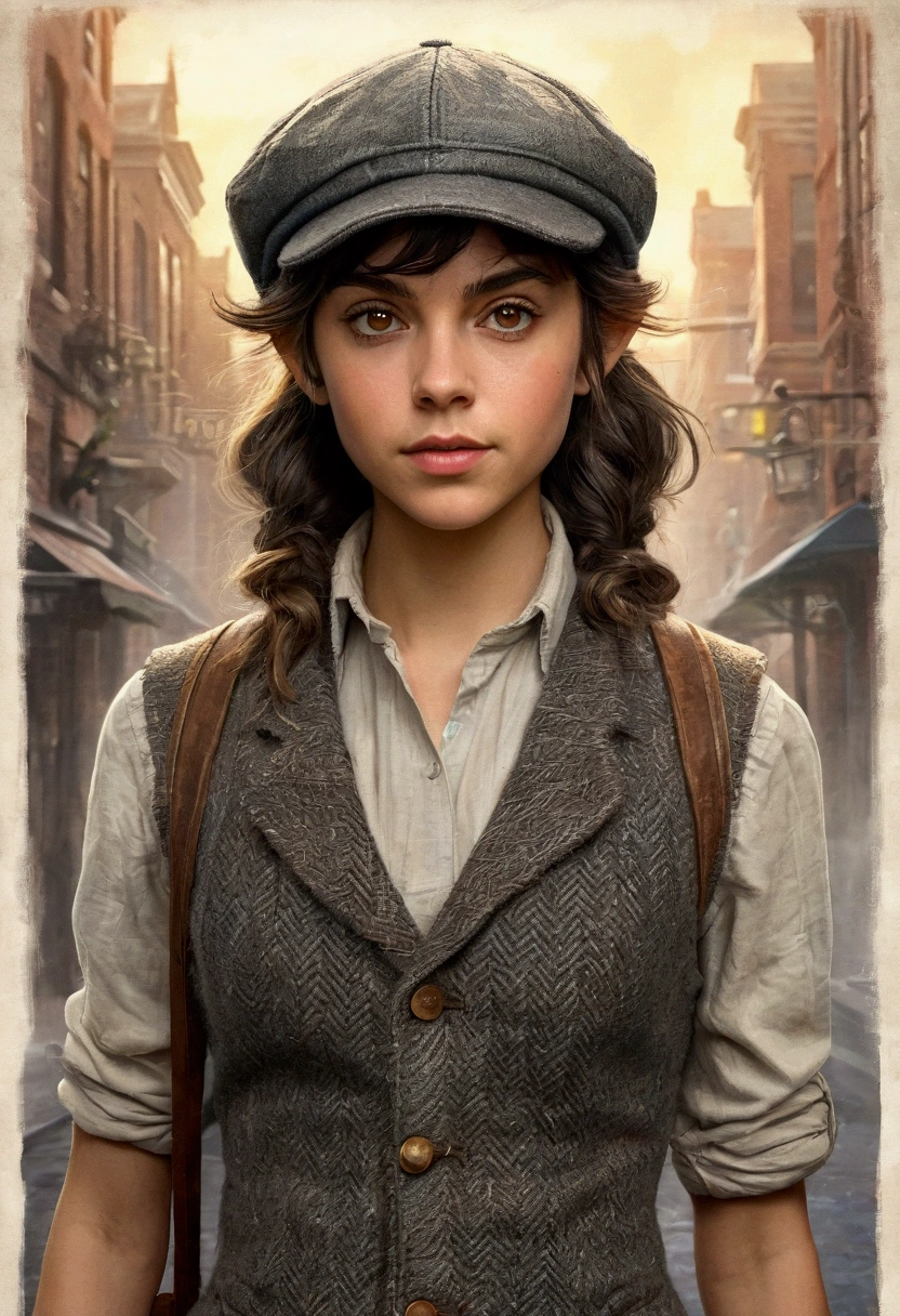 An illustrated movie poster, hand-drawn, full color, a age elven girl, wearing a tweed vest and a newsie cap, athletic hourglass figure, long pointy elf ears, dark hair, messy shaggy bob cut, deep sun-tanned skintone, resembles Ana De Armas, standing on a foggy victorian-era street corner, graphite shading, stencil marks, airbrushed acrylic paint, masterpiece, in the style of the Sherlock Holmes, elf ears
