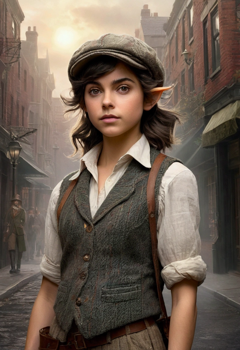 An illustrated movie poster, hand-drawn, full color, a teenage elven girl, wearing a tweed vest and a newsie cap, athletic hourglass figure, long pointy elf ears, dark hair, messy shaggy bob cut, deep sun-tanned skintone, resembles Ana De Armas, standing on a foggy victorian-era street corner, graphite shading, stencil marks, airbrushed acrylic paint, masterpiece, in the style of the Sherlock Holmes, elf ears