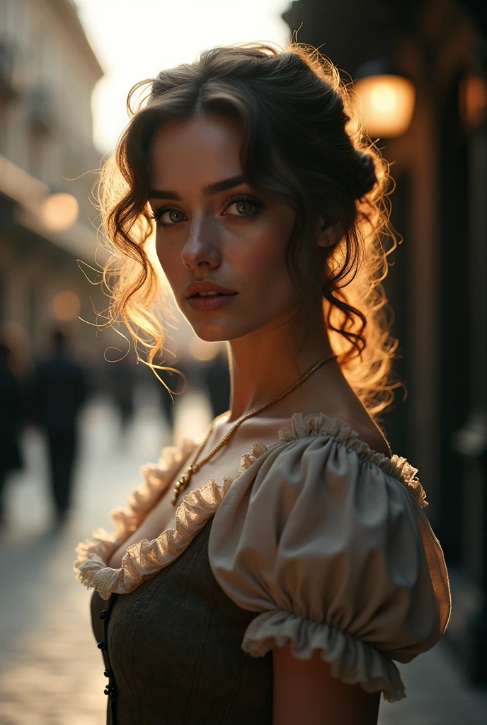 (Close-up of a beautiful  in a vintage dress on the street of the 19th century), (Severe:0.5), (Highly detailed face:1.4), ass pov, Nikon D850, Film Stock Photos, 4 Kodak Portra 400, Camera f1.6 Lenses, saturated color, Ultra-realistic, Realistic texture, Dramatic lighting, Cinestill 800, 19th Century Victorian, evening, Vintage lighting, Medium Curly Hair