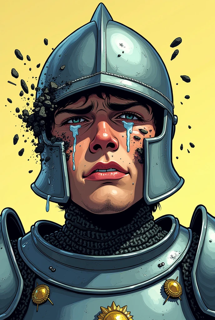 I want an image where a knight in shining armor cries thinking about his family, with his helmet falling apart with tears, comic style