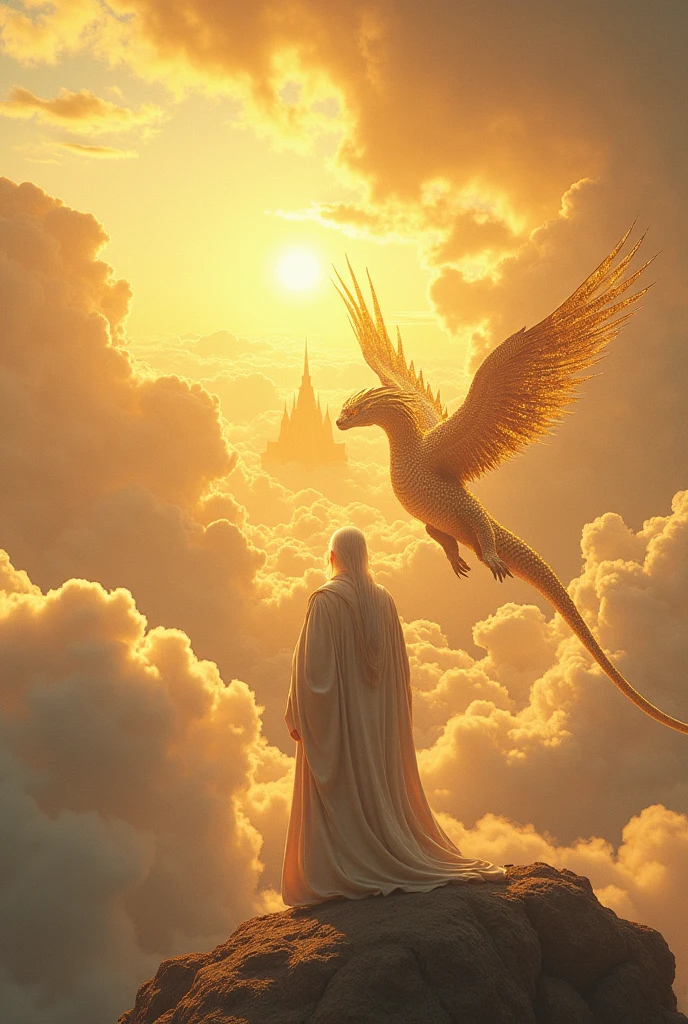 a place in the sky with clouds and where you can see a golden kingdom where there is an old wise man and a flying snake with wings, the image is horizontal