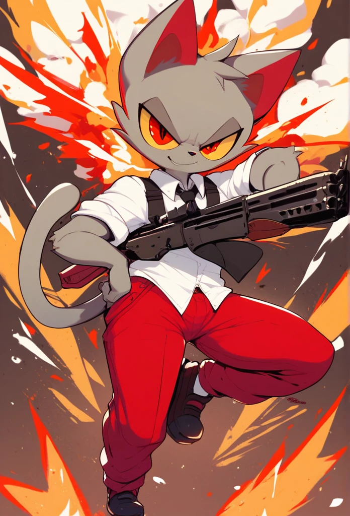 score_9, score_8_up, 1character, cat, gray fur, wearing a red suit, white shirt, black tie, red pants, half-open eyes, yellow sclera, red eyes, smirk, holding a rifle, in front of a explosion, full body, alone