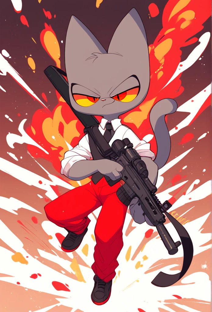 score_9, score_8_up, 1character, cat, gray fur, wearing a red suit, white shirt, black tie, red pants, half-open eyes, yellow sclera, red eyes, smirk, holding a rifle, in front of a explosion, full body, alone