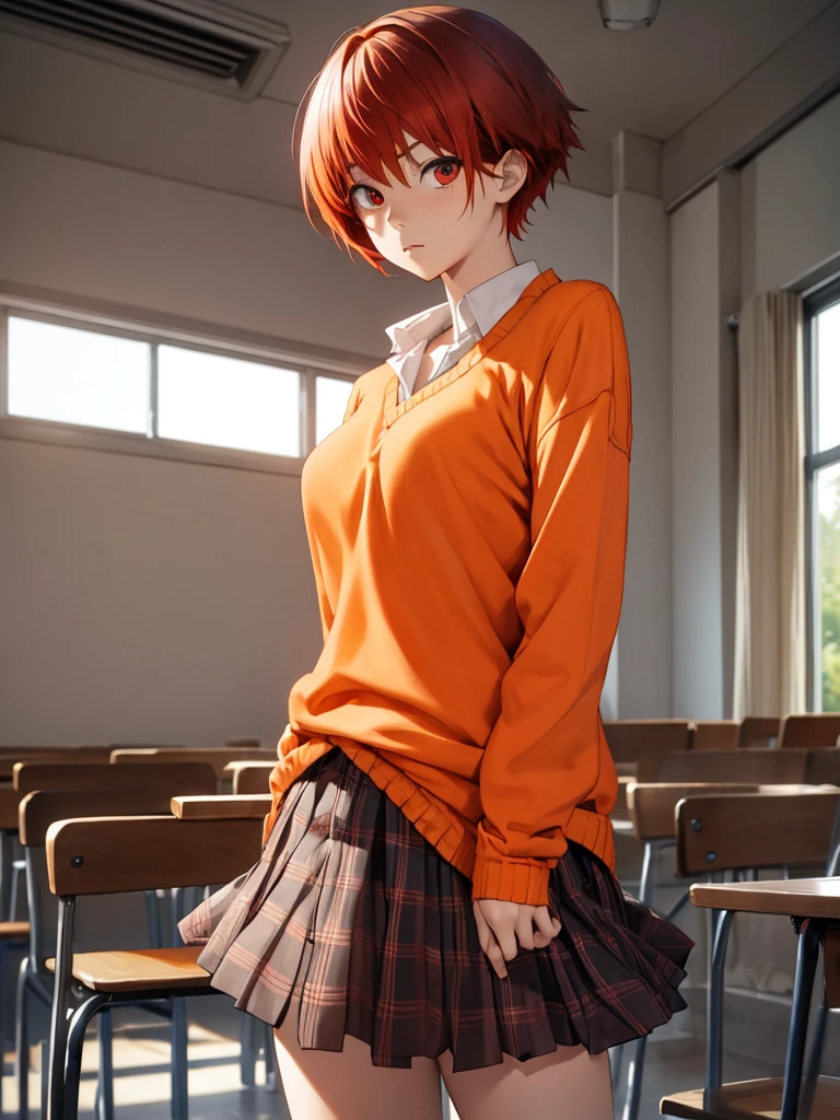 tomonanba, tomo nanba, short hair, (red hair:1.5), (red eyes:1.3), BREAK skirt, plaid, plaid skirt, sweater, long sleeves, shirt, white shirt, collared shirt, (orange sweater:1.5), BREAK indoors, classroom, BREAK looking at viewer, (cowboy shot:1.5), BREAK (masterpiece:1.2), best quality, high resolution, unity 8k wallpaper, (illustration:0.8), (beautiful detailed eyes:1.6), extremely detailed face, perfect lighting, extremely detailed CG, (perfect hands, perfect anatomy),