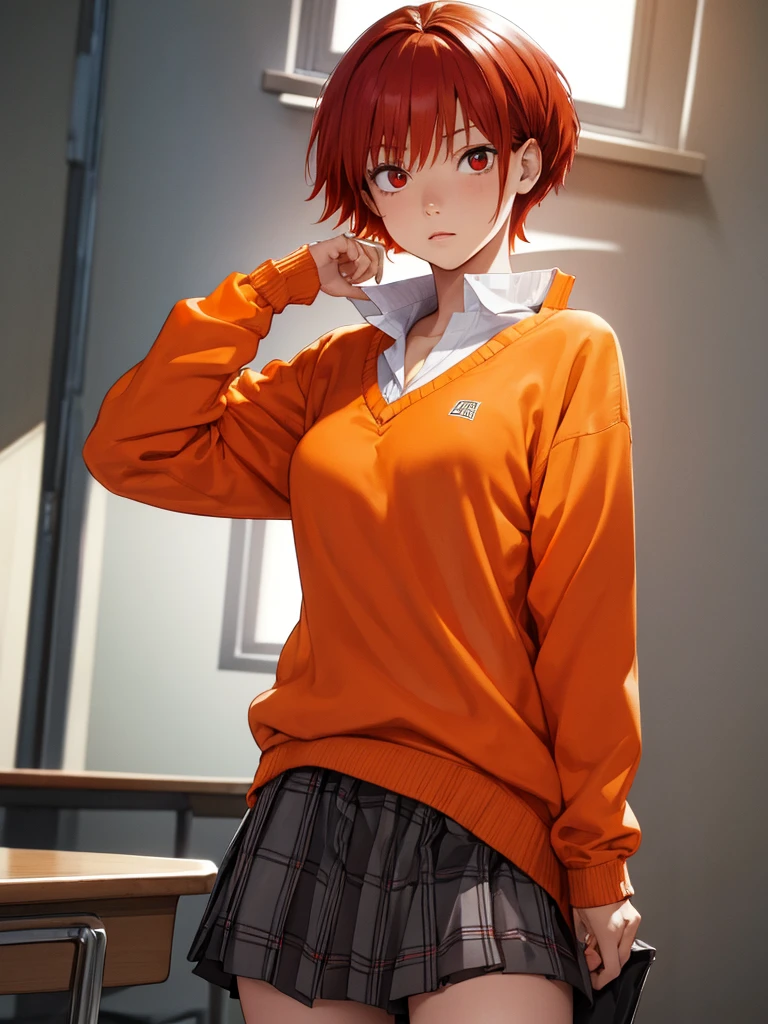 tomonanba, tomo nanba, short hair, (red hair:1.5), (red eyes:1.3), BREAK skirt, plaid, plaid skirt, sweater, long sleeves, shirt, white shirt, collared shirt, (orange sweater:1.5), BREAK indoors, classroom, BREAK looking at viewer, (cowboy shot:1.5), BREAK (masterpiece:1.2), best quality, high resolution, unity 8k wallpaper, (illustration:0.8), (beautiful detailed eyes:1.6), extremely detailed face, perfect lighting, extremely detailed CG, (perfect hands, perfect anatomy),